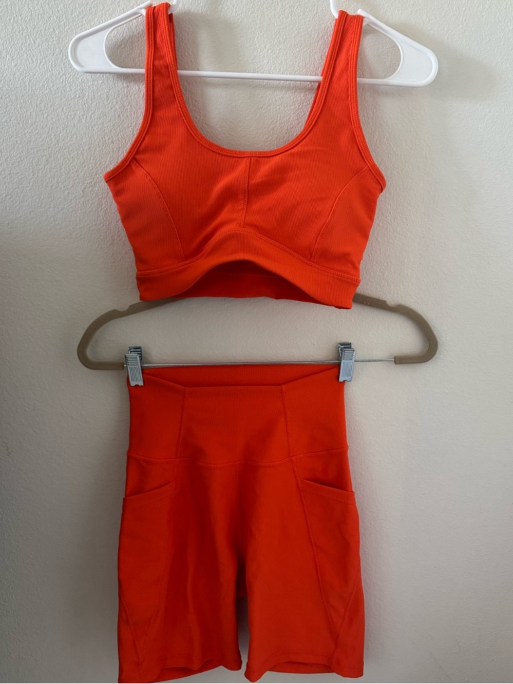 Wilo The Label Orange Ribbed Sports Bra and Biker Shorts Activewear Set